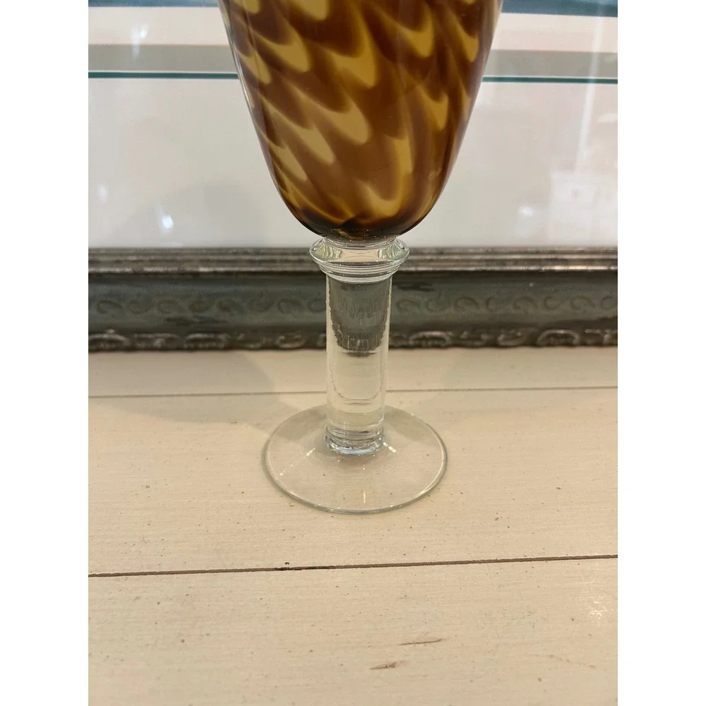 Art Glass Wine Goblet Amber Brown Pulled Feather Festooned Hand Blown 8.5